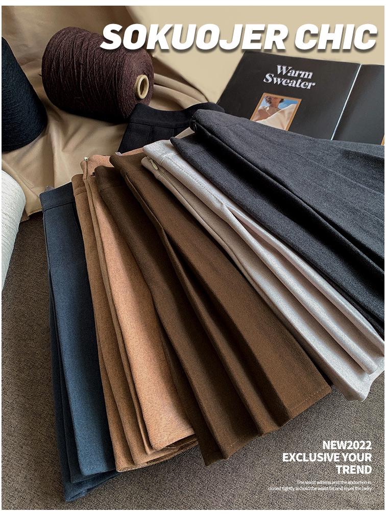 Женская высококачественная черная юбка А-силуэта плиссе из смесовой шерсти - Плотная, с высокой посадкой, стройнящая, большого размера, короткой длины для осени и зимы.