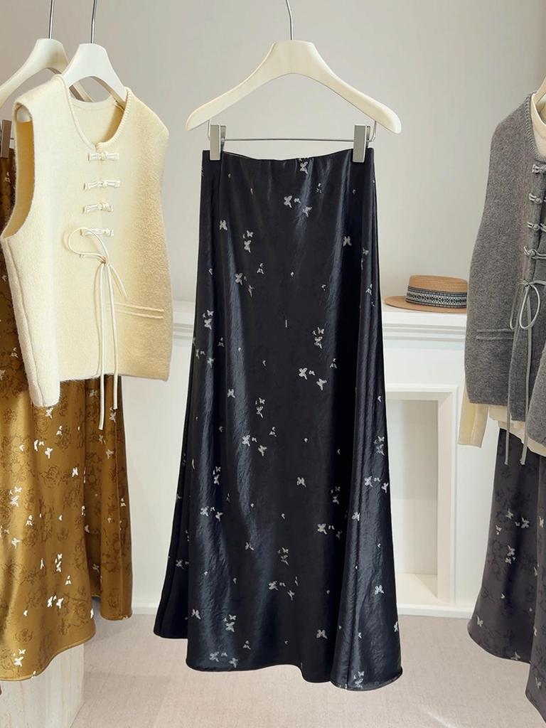 Женская юбка-русалка с высокой талией, весна 2026: Китайский стиль, принт с бабочками и утягивающий сатин