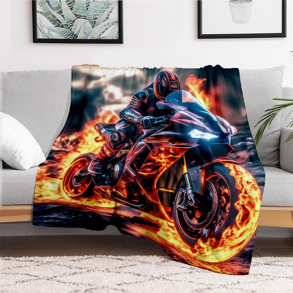 "Flaming Speed: Motorcycle Art Print - Ignite Your Space!"Blanket Flannel Throw Blanket for Sofa, Bed, Travel, Camping, Office, Couch, Chair