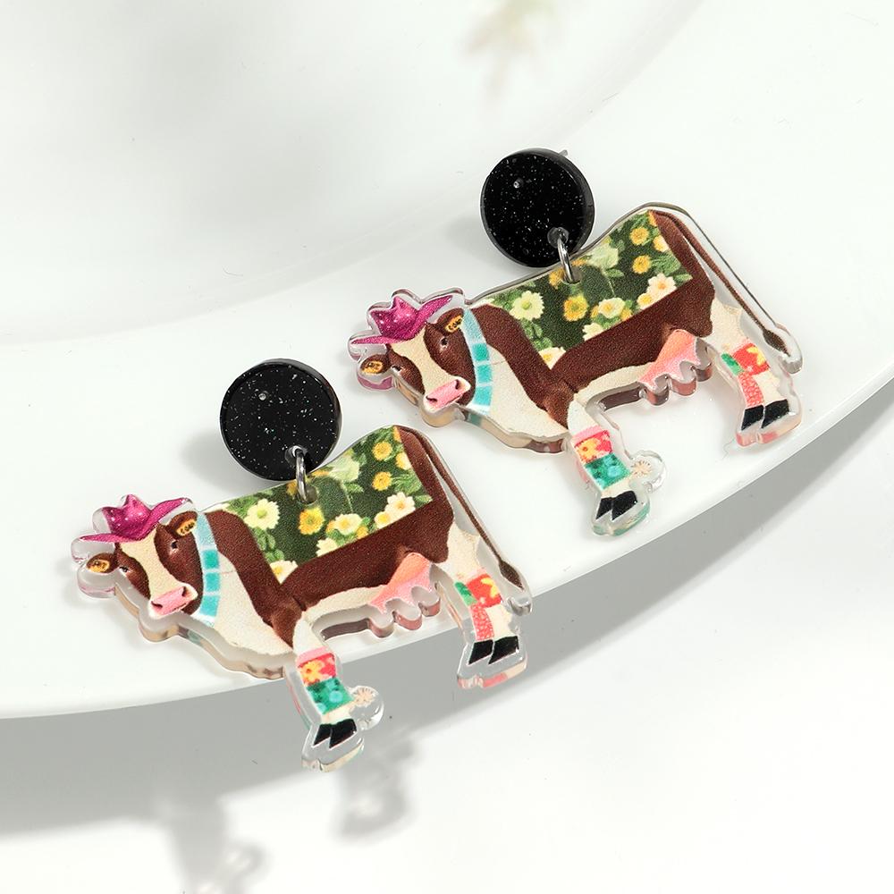 Cute Flower Cow Acrylic Print Earrings for Women Girls New Cartoon Hat Boot Cattle Animals Drop Earring Lovely Jewelry Gifts