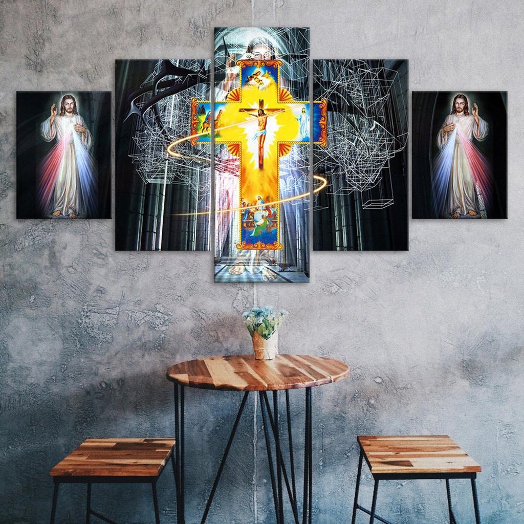 Jesus Christ Light And The Crucifixion 5 Piece Five Panel Wall Canvas Print Modern Art Poster Picture Home Decor Gift For Him For Her