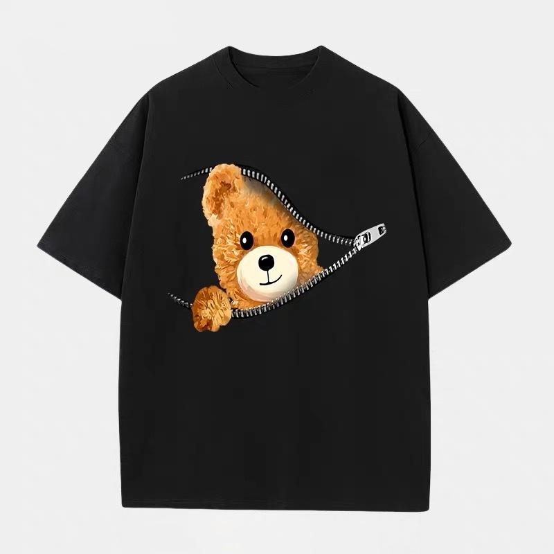 ZAZOMDE Casual Daily Creative Zipper Bear Art Print T Shirts Unisex Crew Neck Short Sleeve Soft Cotton Oversized Street Tees