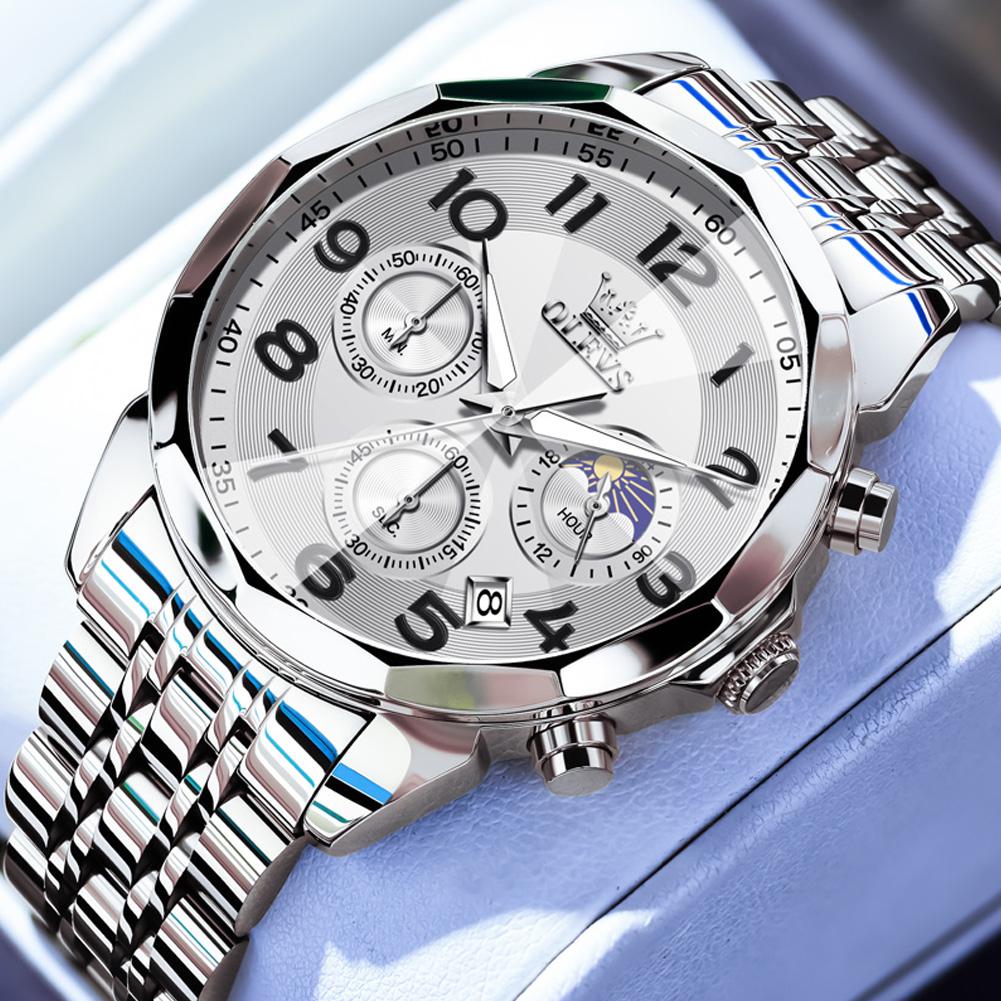 OLEVS Luxury Business Gold Stainless Steel Men's Watch Luxury Calendar Chronograph Moon Phase Quartz Watch Men's Clock