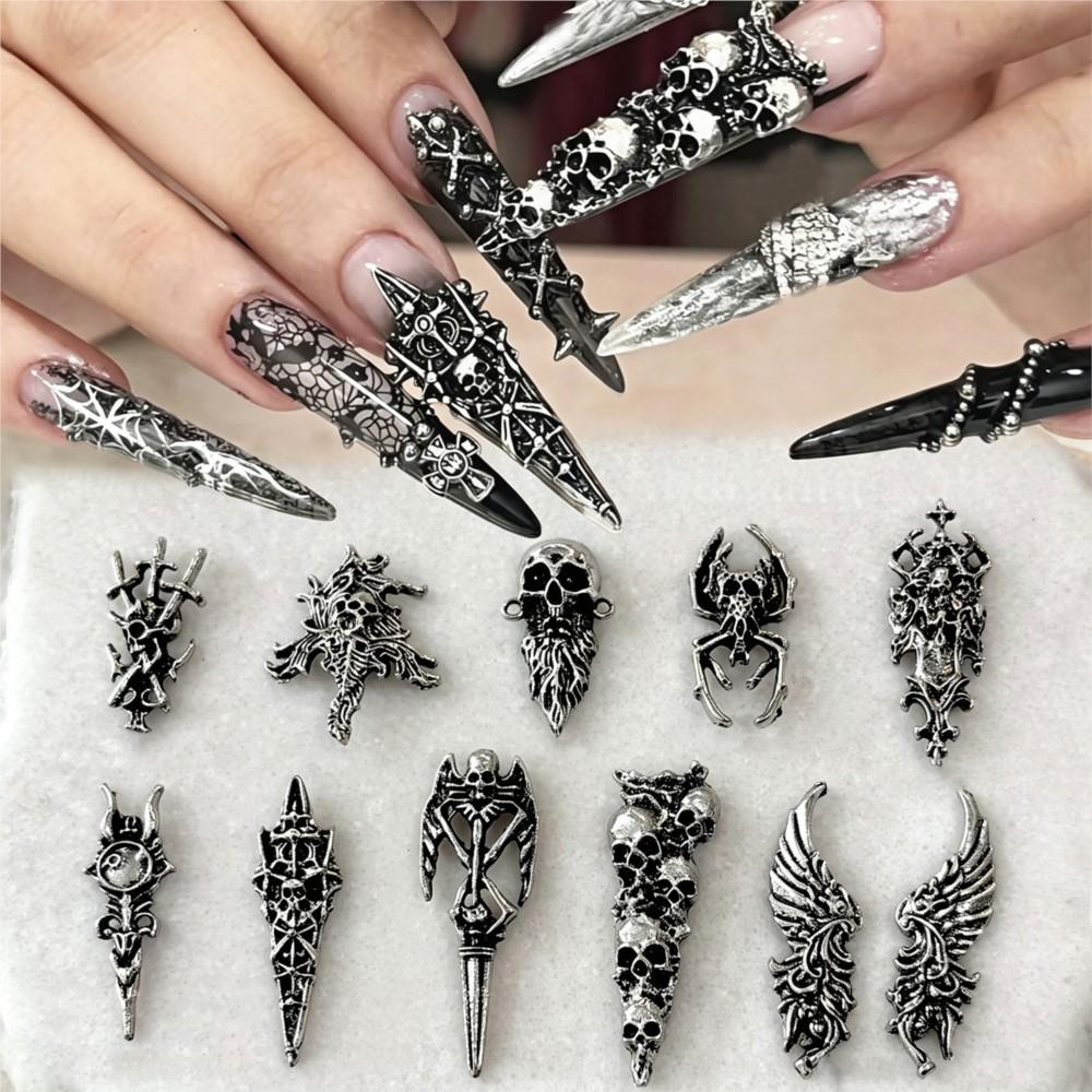 10/30PC Mix Retro Silver Gothic Halloween Nail Charms Alloy Punk Skull Spider Cross Wing Sword Nail Decorations Dark Style Nails