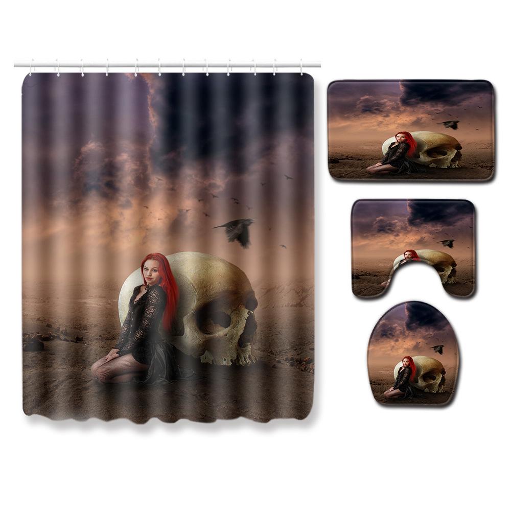 Триллер Череп Занавеска для душа Коврик для пола Комбинация Набор из четырех предметов Ванная Туалет Ковер Коврик для ног