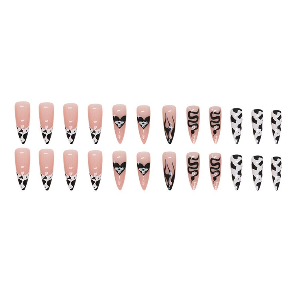 Cow-Stripes Long Almond Fake Nails INS Trendy Sweet Cool Patterns Nails for Manicure Lover Daily Home DIY