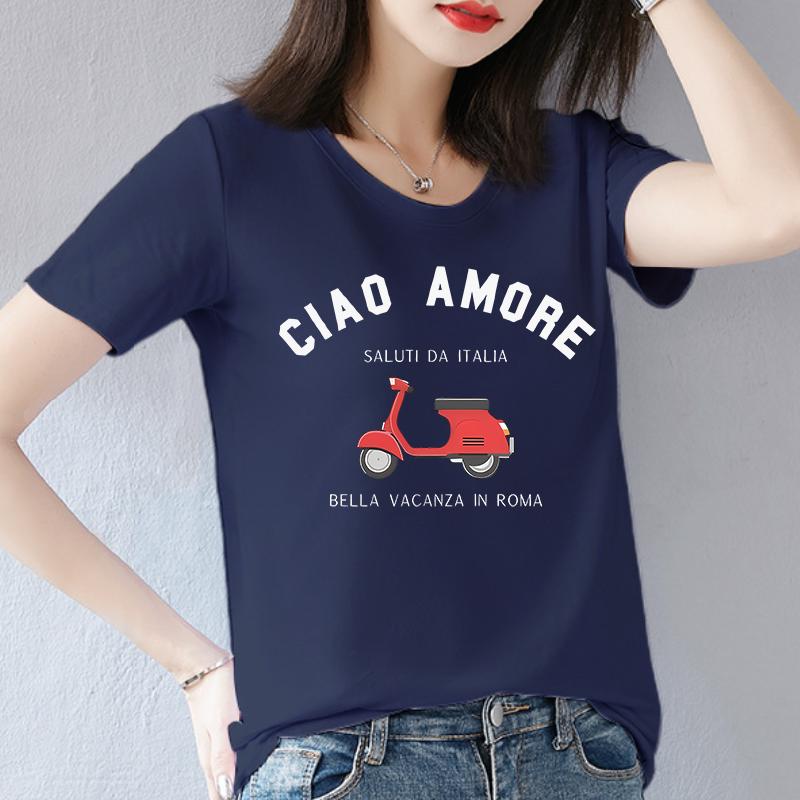 Polyester 100% Italian Graphic T-shirt - Casual Crew Neck Short Sleeve T-shirt, Polyester Knit Graphic Women Clothes Summer