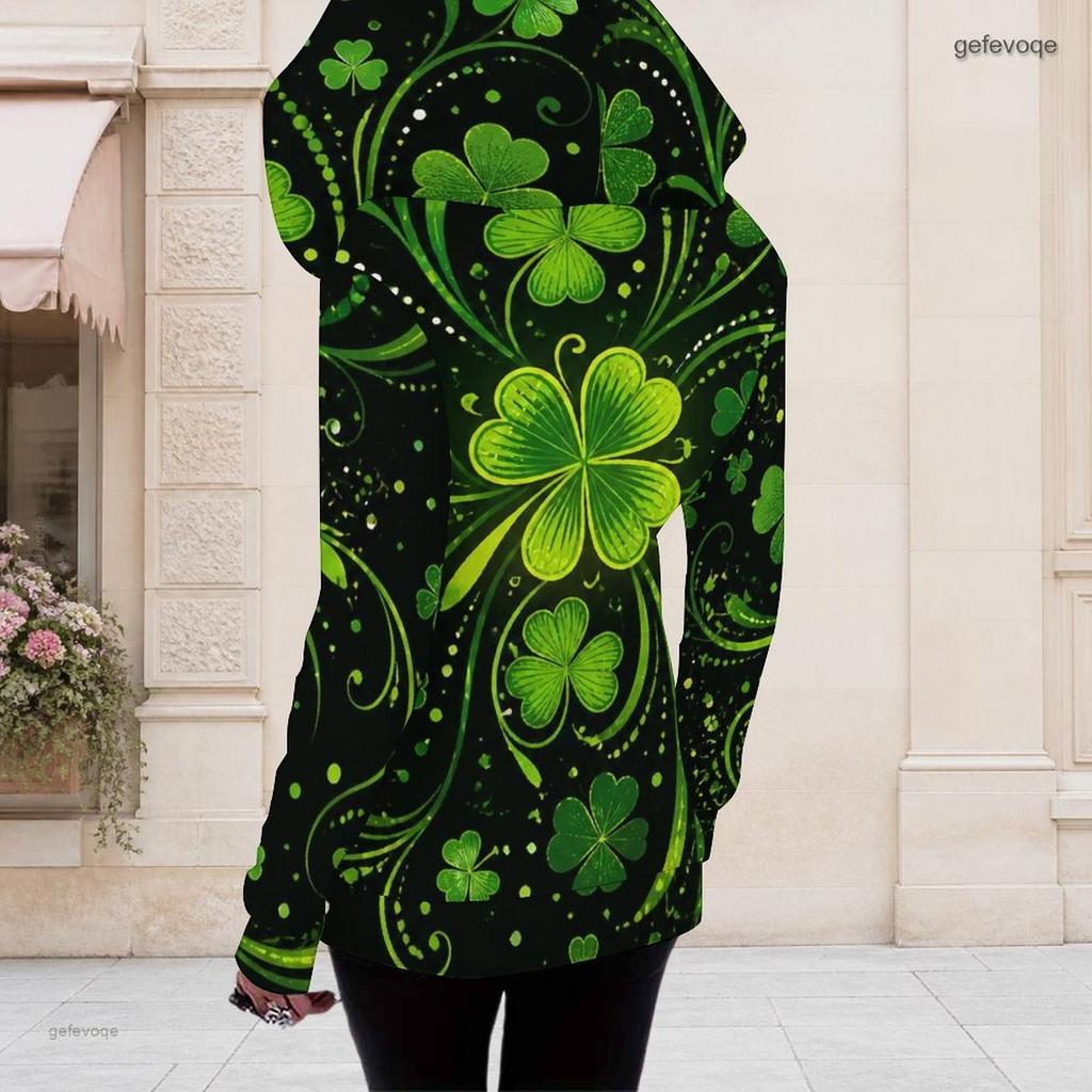 Women Plus Size Asymmetric Cutout Neck Cold Shoulder Long Sleeve Fitted Top Dark Green Golden Clover Printed