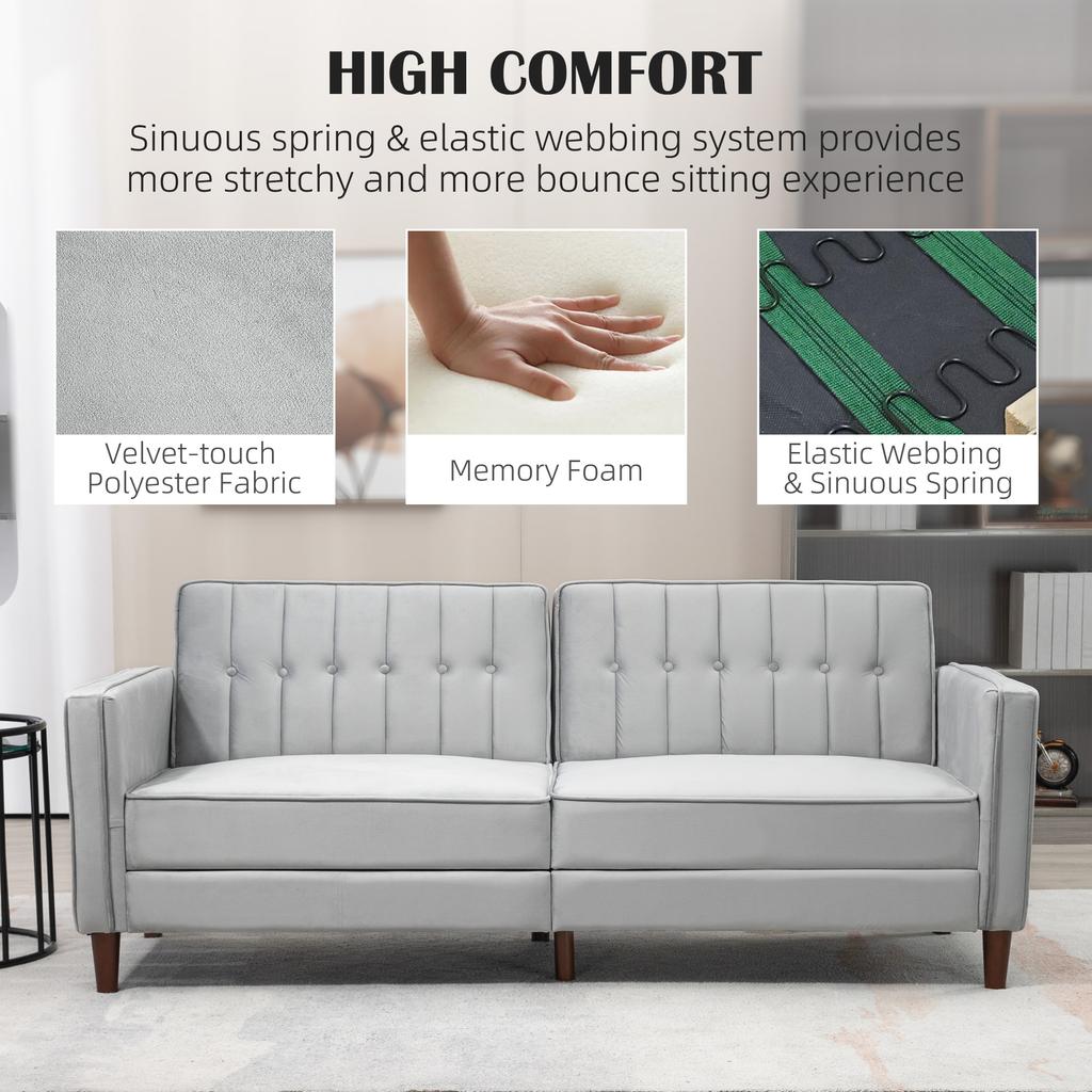 Modern Convertible Sofa Futon Velvet-Touch Tufted Couch Compact Loveseat with Adjustable Split Back, Light Grey