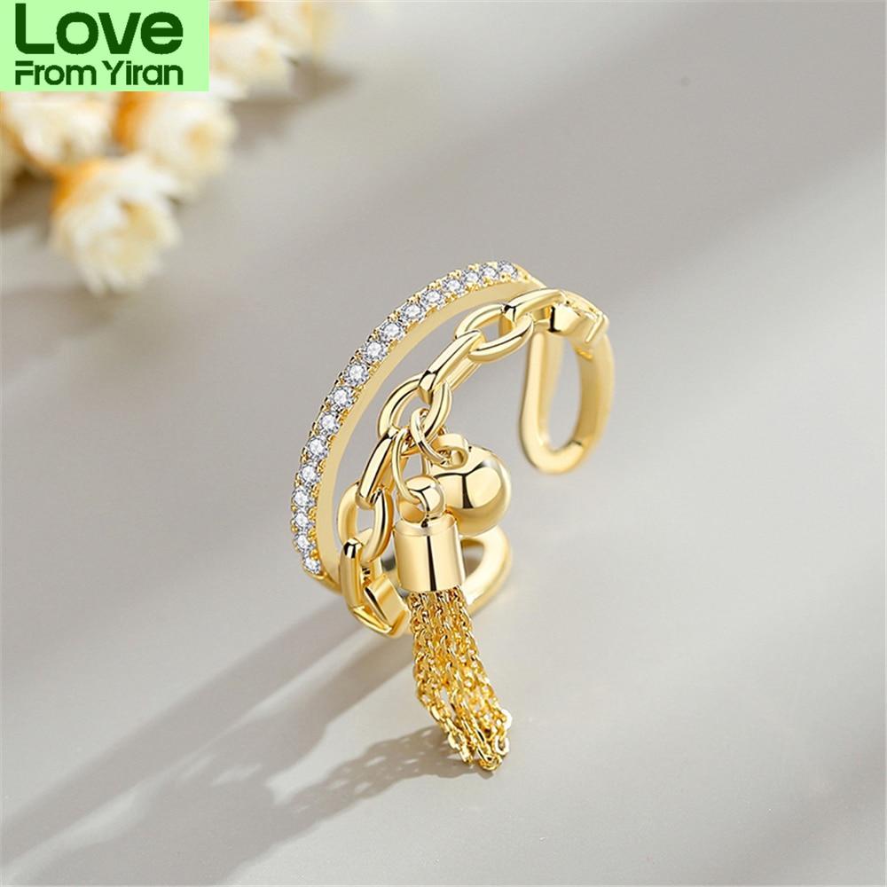 New Link Chain Tassel Gold Color Ring Zirconia With Spike Pendant Charm Fingure Ring For Women Opening Adjustable Ring