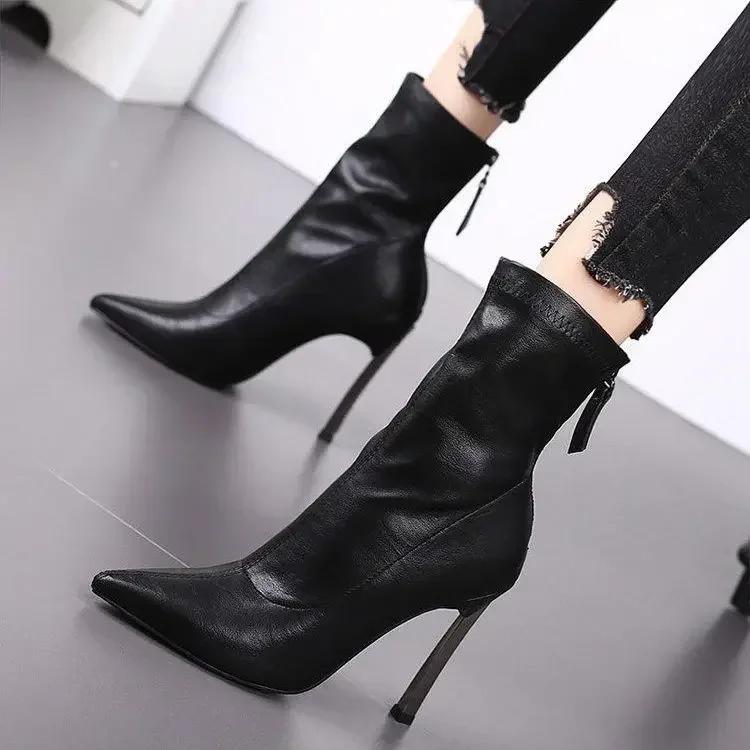 Осенние элегантные туфли на высоком каблуке весна 2024 женские туфли до середины голени дизайнерские роскошные рабочие шикарные горячие трендовые туфли из искусственной кожи новые женские полусапожки