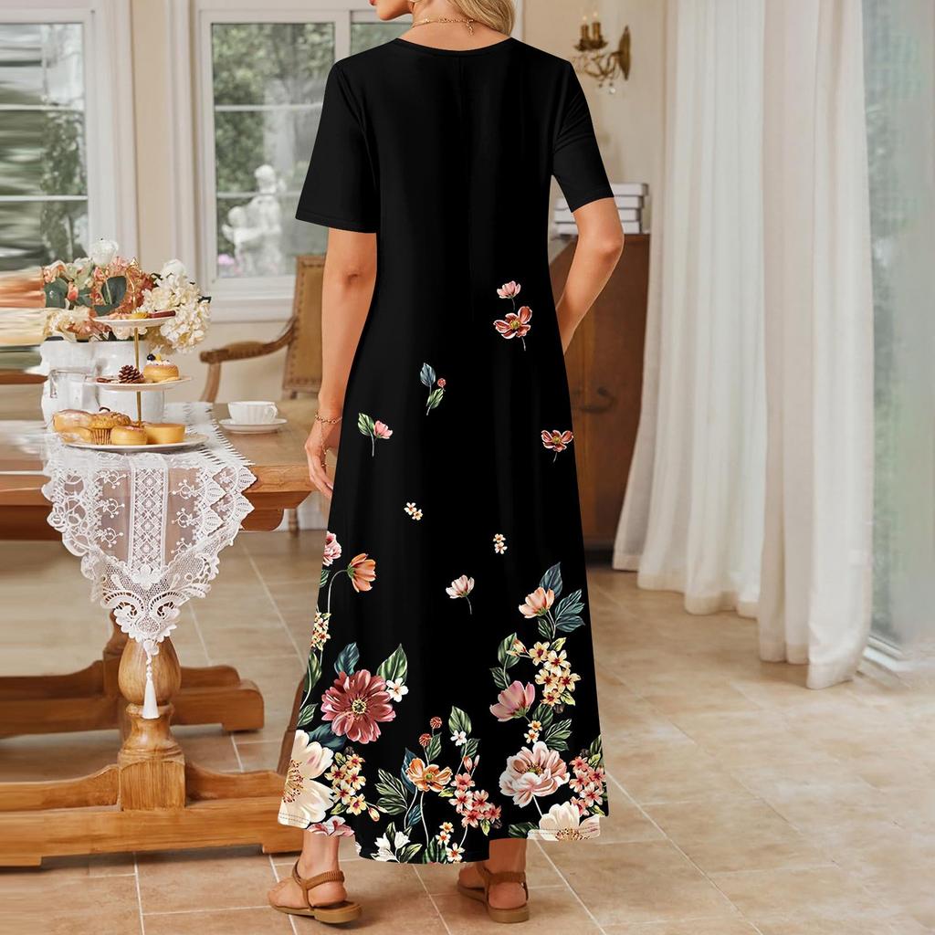 Women's Fashionable And Casual Long Beach Skirt Round Neck Short Sleeved Loose Retro Print Dress