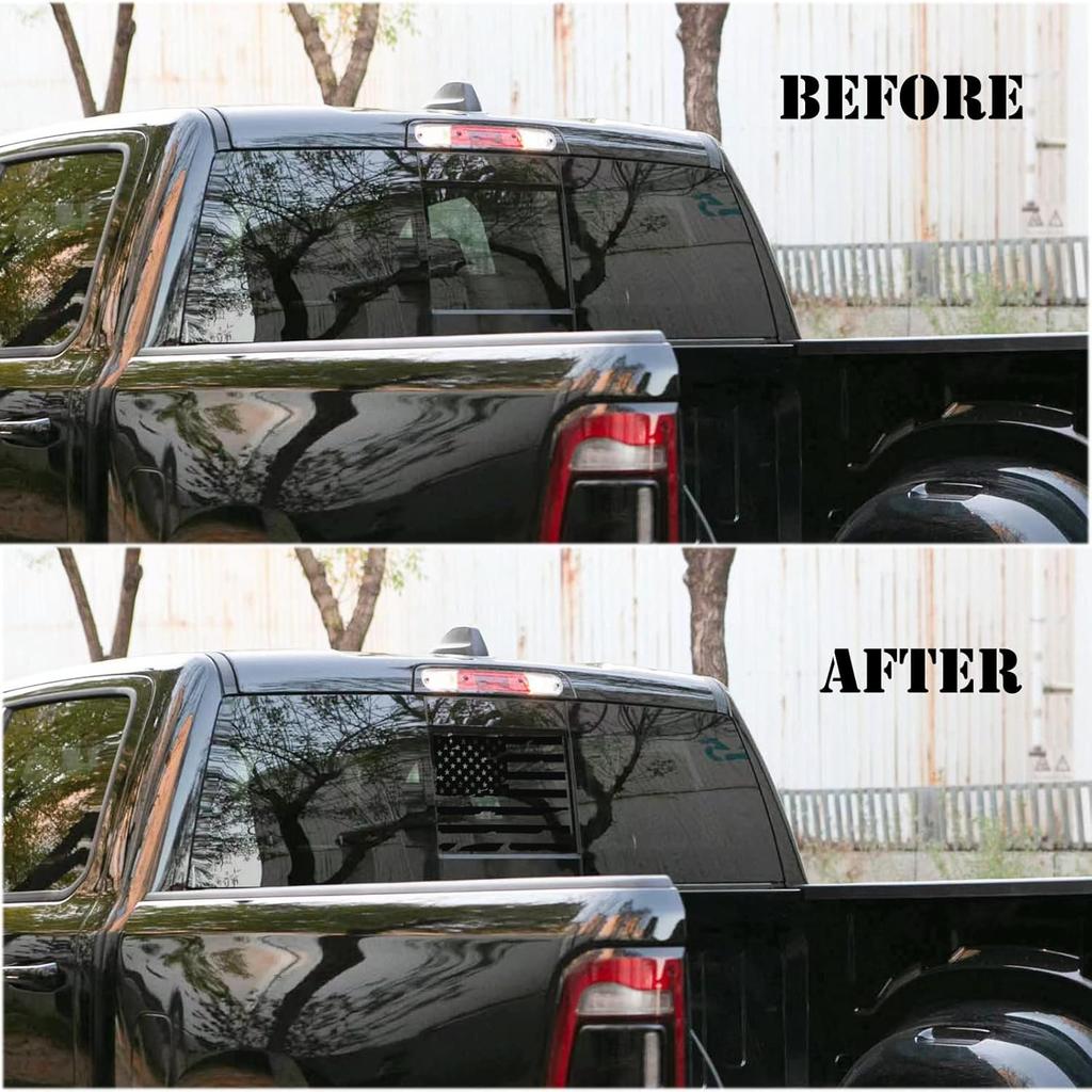 Rear Back Middle Window American USA Flag Vinyl Decal Compatible With And Fits Dodge Ram 2009-, Matte Black 1PCS Distressed(E)
