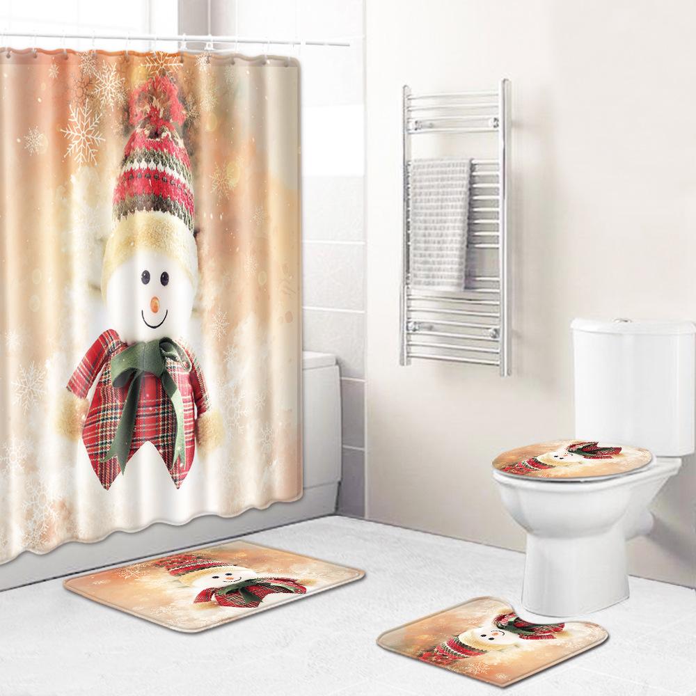 3D Printed Christmas Waterproof Shower Curtain Toilet Four-Piece Combination Set Household Doormat Floor Mat Carpet