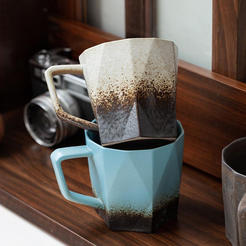 Polygonal ceramic coffee cup coarse pottery Japanese mug creative cup gift preferred water cup gift recommendation