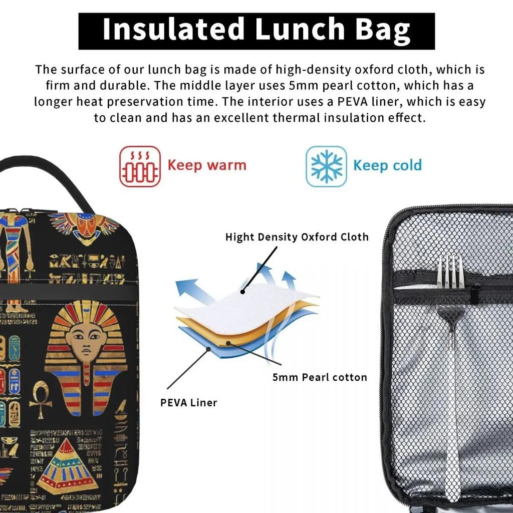 Egyptian Hieroglyphs And Deities Thermal Insulated Lunch Bags Ancient Egypt Portable Lunch Container Thermal Cooler Food Box