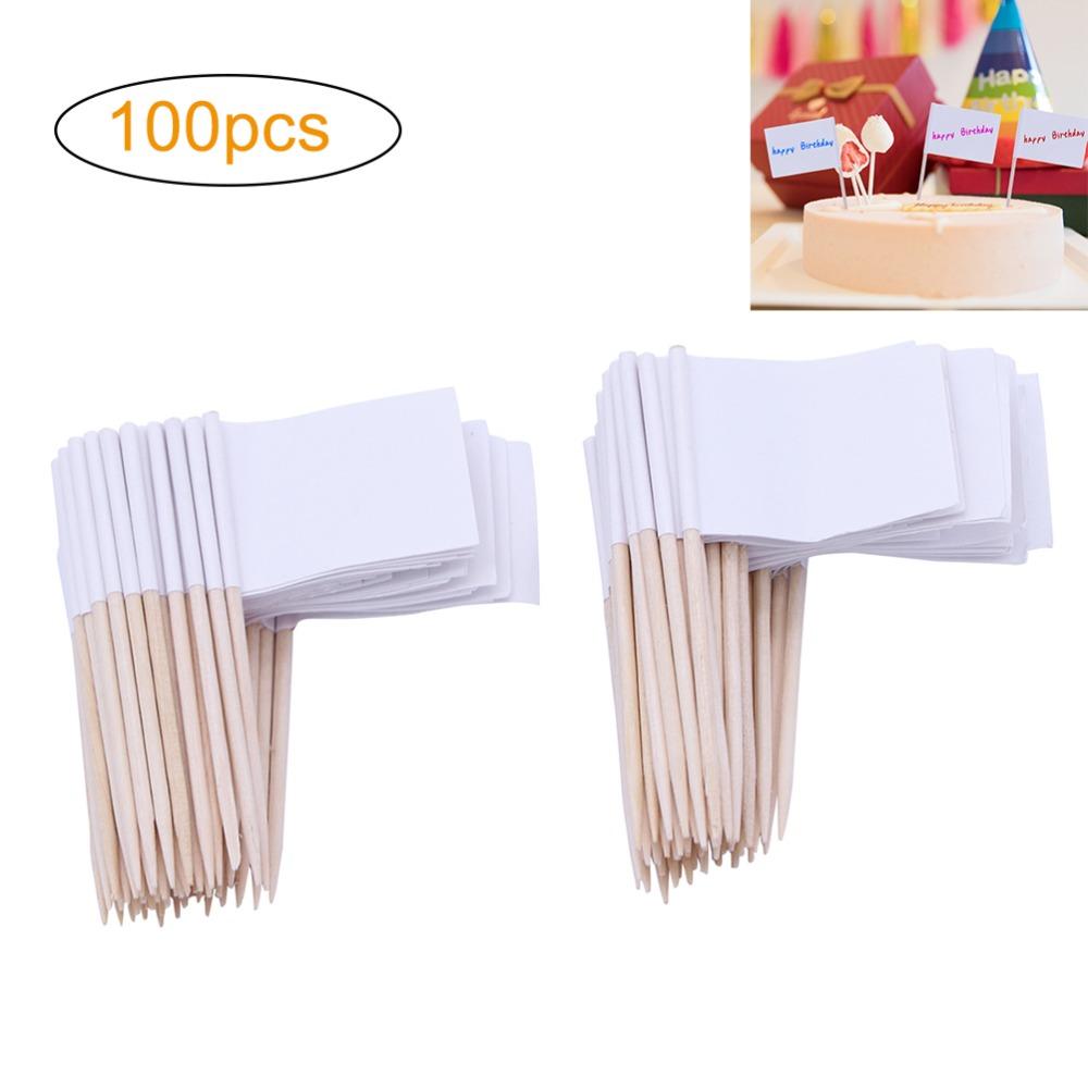 100 PCS White Cupcake Toppers Paper Wood Cheese Markers Practical Toothpick Flags Buffet