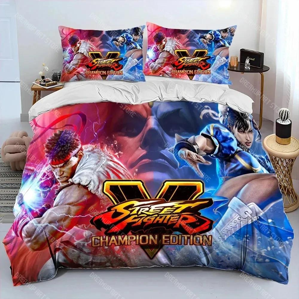 Комплект постельного белья с принтом Street Fighter Retro Game Gamer, Пододеяльник Комплект постельного белья Покрывало Наволочка, Постельное белье размера King Queen для мальчика