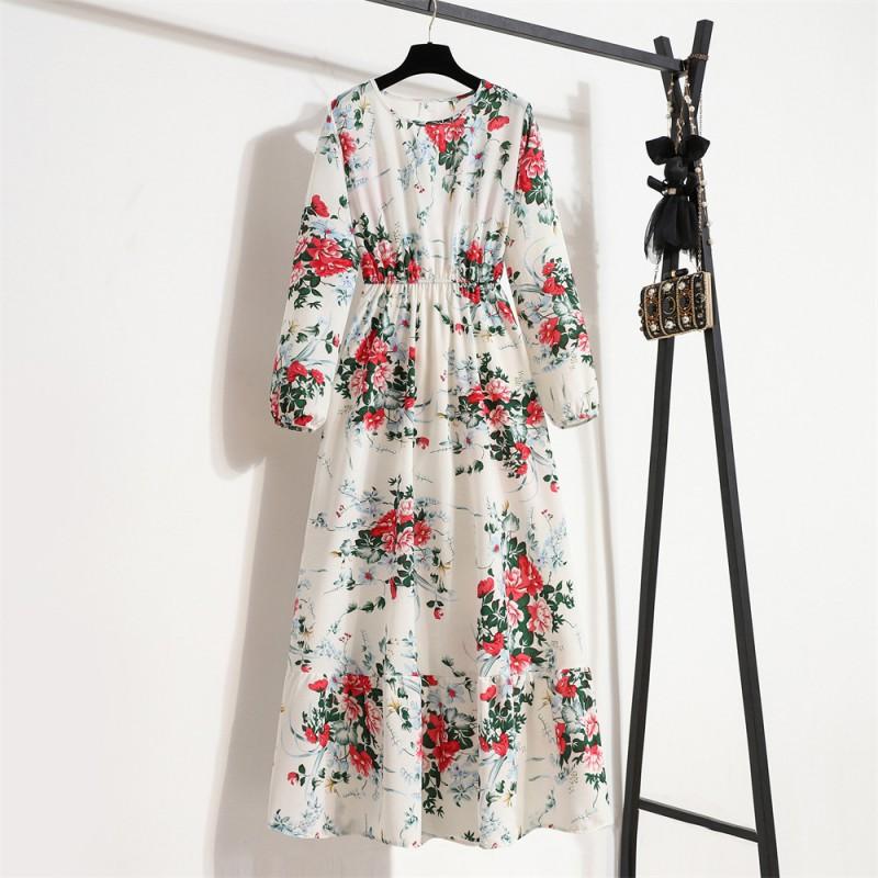 Womens Vintage Floral Print Maxi Dress High Waist Long Sleeve Round Neck Slim Fit A Line