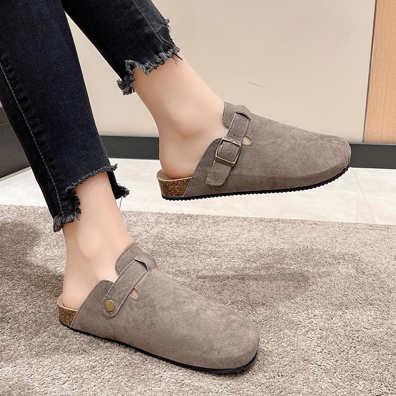 Удобные модные женские замшевые тапочки-мюли мужские сандалии с пробковой стелькой и супинатором пляжные шлепанцы домашняя обувь