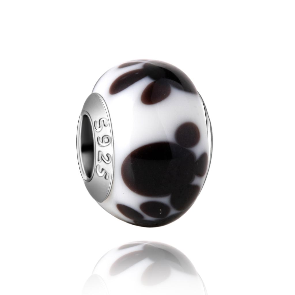 Муранское стекло Серия стерлинговое серебро 925 пробы Медный павлин синий и лепесток цветка Вращается Шарм Подходит для браслета Женские изящные циркониевые аксессуары