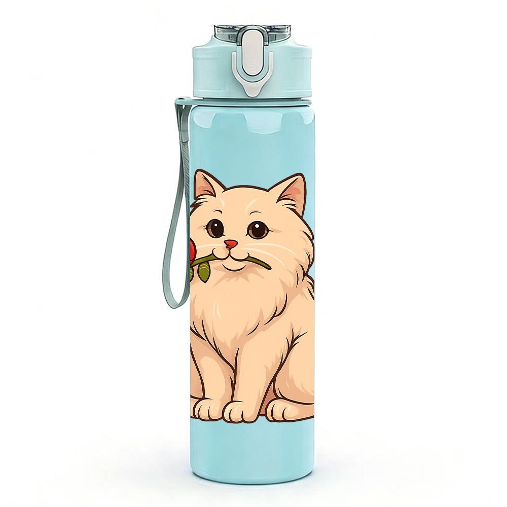 1PC Cat Holding Red Rose Cartoon 750ml Color Plastic Sports Water Bottle Leakproof Flip Straw Lid Suitable for Sports Office Home Use