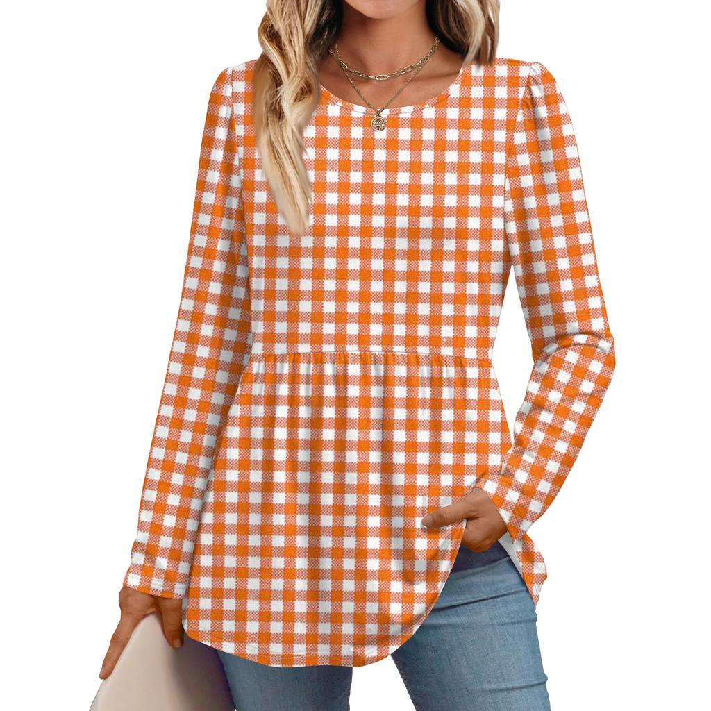 Women's Casual Fashion Long Sleeve Shirt Plaid Printed Tunic Top
