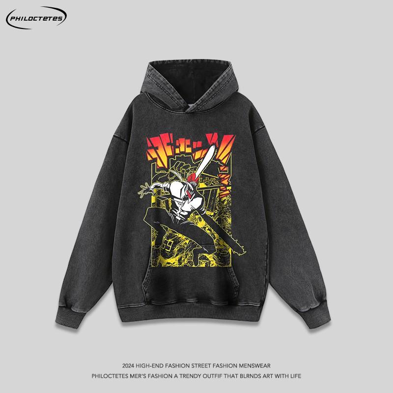 Unisex Oversized Hoodie With Anime Character Print Distressed Wash Cotton Long Sleeve Streetwear