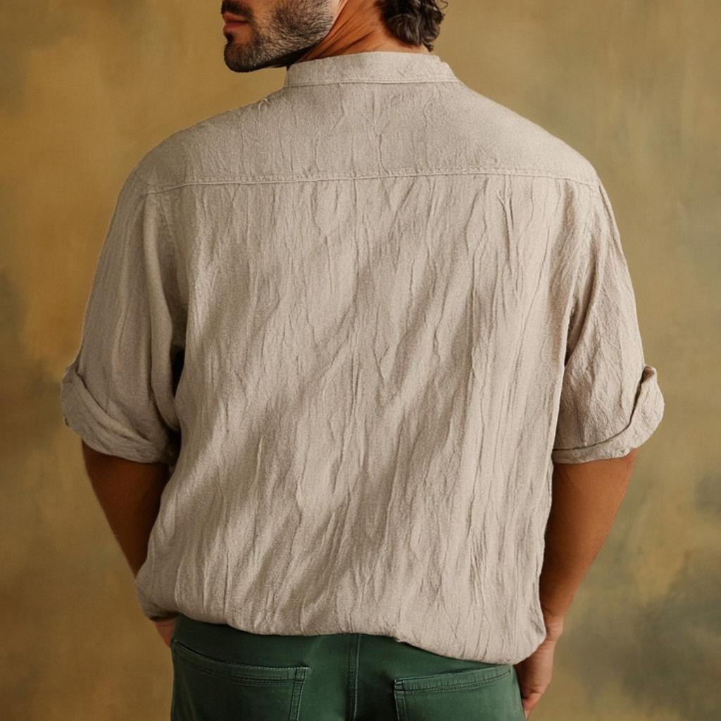 Men's Casual Stand Collar Pullover Shirt Retro Thin Cotton Linen T-shirt Top