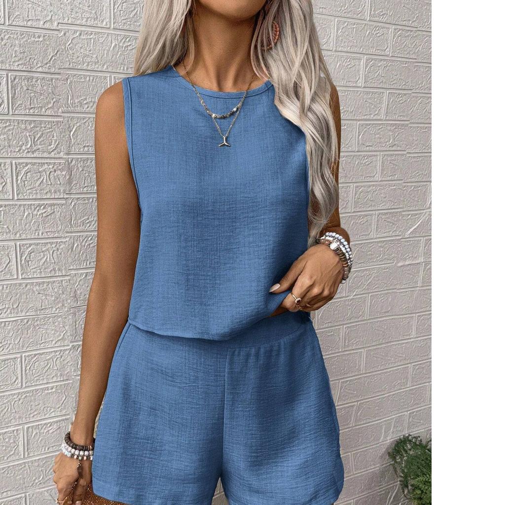 Повседневная женская однотонная простая модная повседневная безрукавная блузка с шортами костюм для женщин