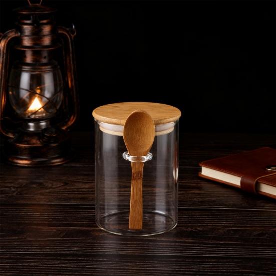 Glass Sealed Jar Transparent Glass Canister with Spoon Wooden Lid Food Storage Jar for Coffee Beans Spice Kitchen Supplies