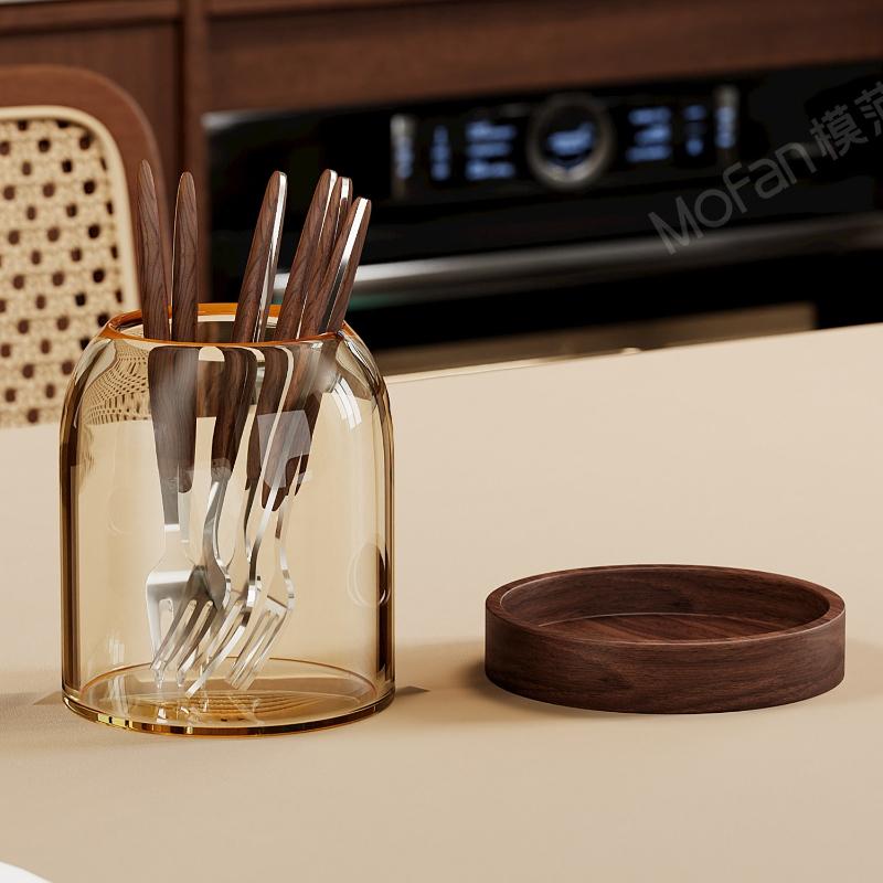 Retro Fruit Fork & Coffee Spoon Set, 304 Stainless Steel Cutlery with Glass Jar & Wooden Base for Dessert & Table Decor