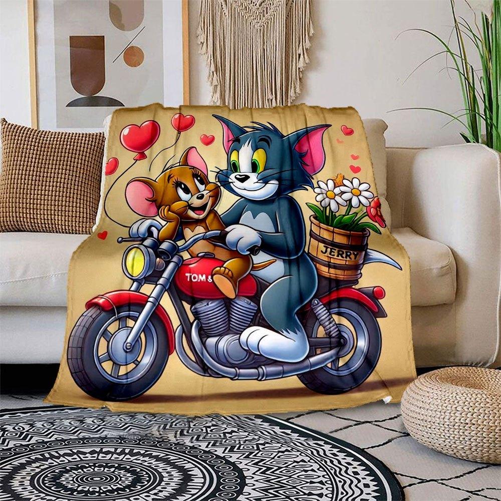 "Tom & Jerry Love Ride Motorcycle Wall Art Print"Blanket Flannel Throw Blanket for Sofa, Bed, Travel, Camping, Office