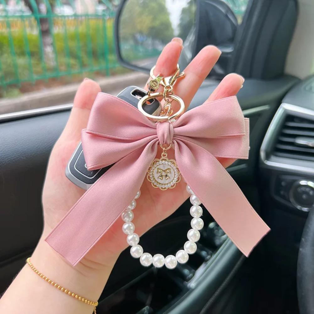 Handmade Bowknot Keychains Fabric Ribbon Headphone Case Accessories Creative Pearl Bow Keychain