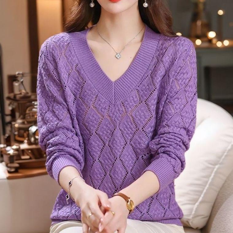Женский пуловер допаминового цвета размера плюс с V-образным вырезом, свободный, открывающий ключицы, высококачественный вязаный топ с ажурной вязкой для осени и лета