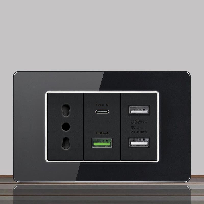 Brazil US Wall Light Switch Power Socket with USB Type-c 20W,Italy Chilean Fast Charging Tempered Glass Panel Universal Outlet