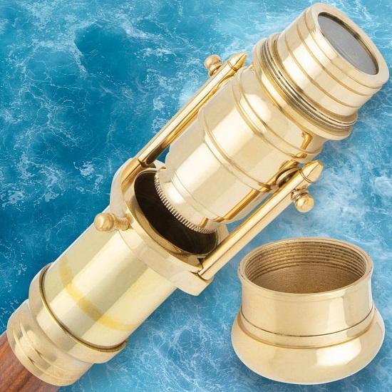 Brass Telescope and Walking Stick  Functional Brass Telescope Hidden In Handle  Premium Wooden Shaft 3-Piece Break-Down Design  No Slip Rubber Toe