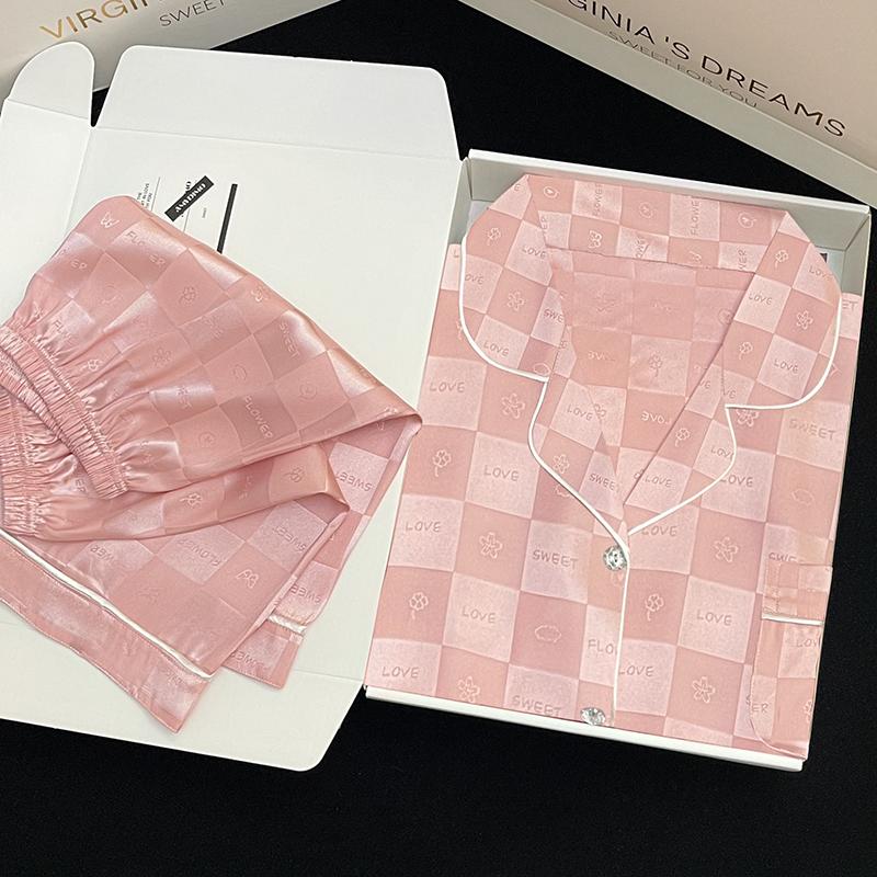 Летняя новинка, женская милая атласная шелковая пижама с цветочным принтом, короткий рукав + брюки, женская шелковая милая домашняя одежда, повседневная одежда