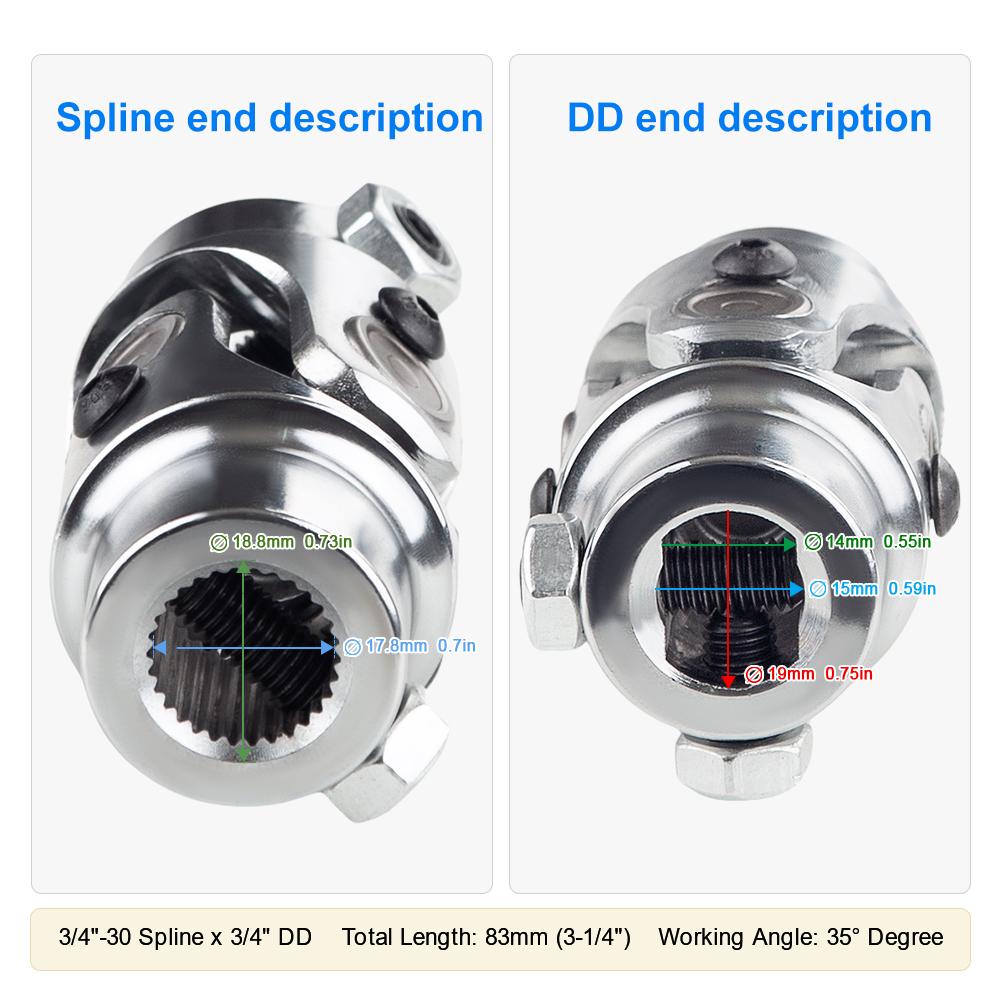1pc Universal U Joint Single Steering Shaft Working Angle 35°Degree Double Ujoints Shaft 3/4"-30 Spline to 3/4" DD 83mm (3-1/4")