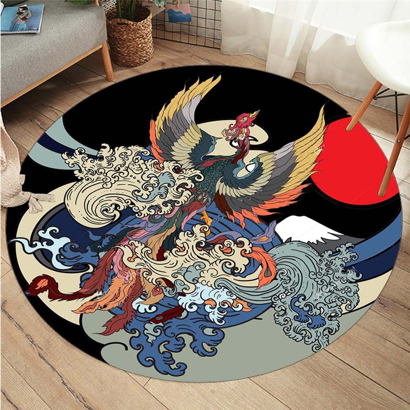 Японский журавль, круглый коврик, японская морская волна, укиё-э, круглый ковер, круглые ковры для гостиной, спальни