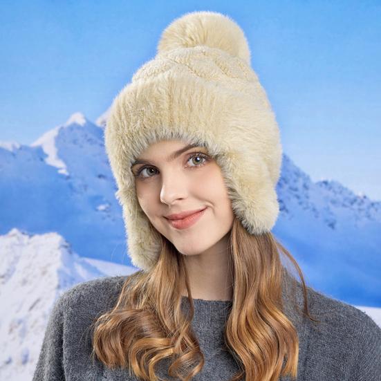 Женская зимняя шапка с ушами, толстая плюшевая шапка с помпоном, защищающая уши, трикотажная, сохраняющая тепло, эластичная, для холодной погоды, уличный головной убор