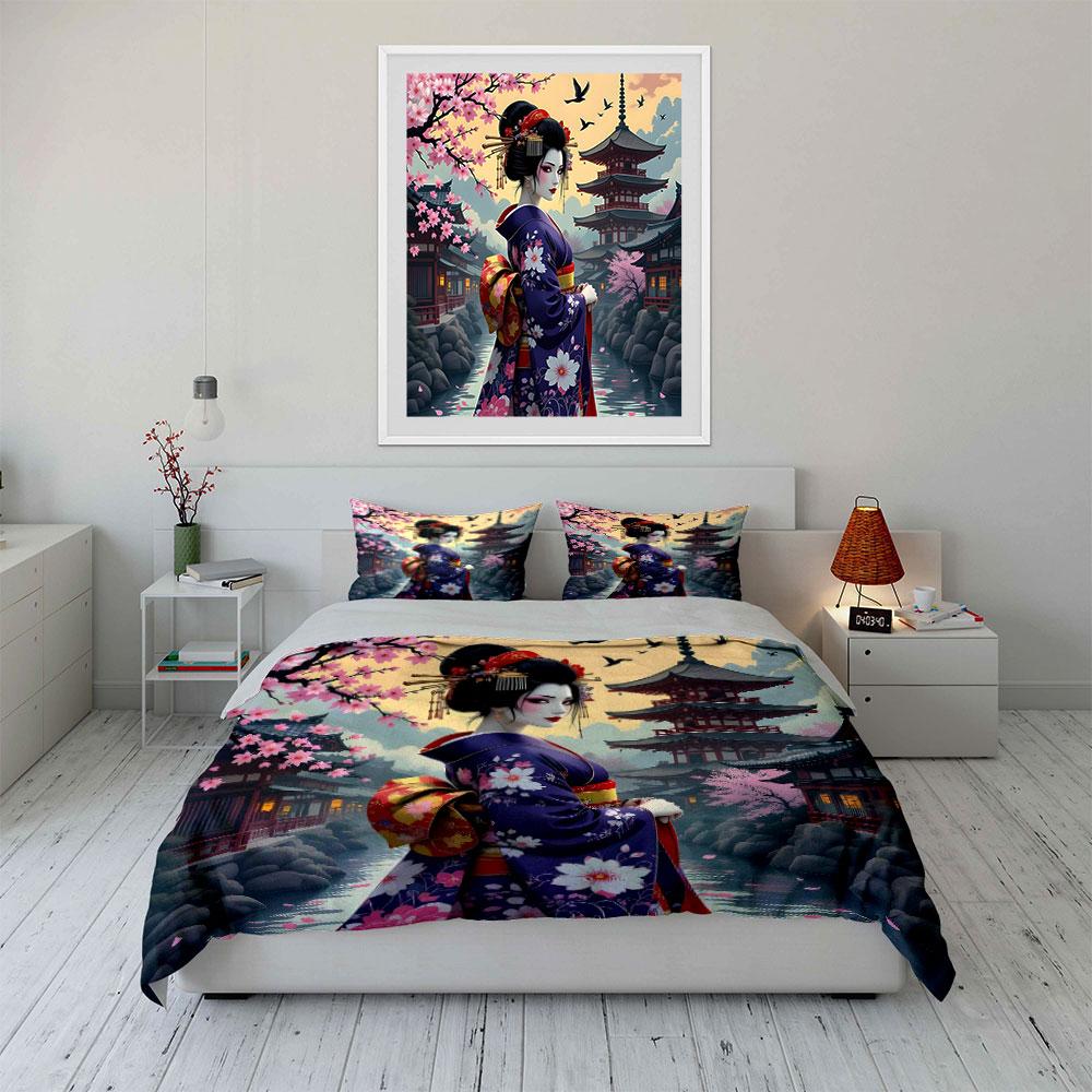 Geisha in Floral Kimono Scene Bedding Duvet Cover Set (1*Duvet Cover 2*Pillowcases, without duvet insert)