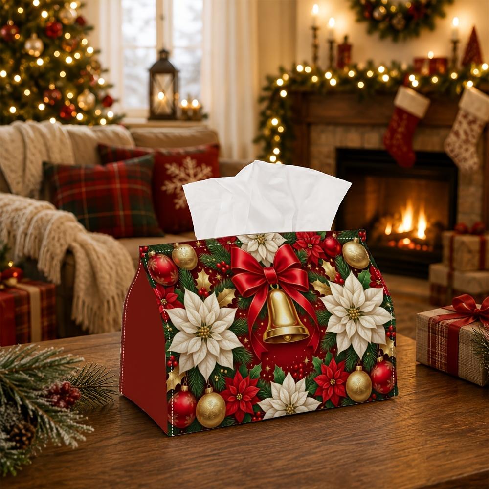 1pc Traditional Botany Tissue Box - Jingle Bell Poinsettia Bow Napkin Storage Box, Suitable for Rolls/Facial Tissues/Single Sheets, Available for Chri