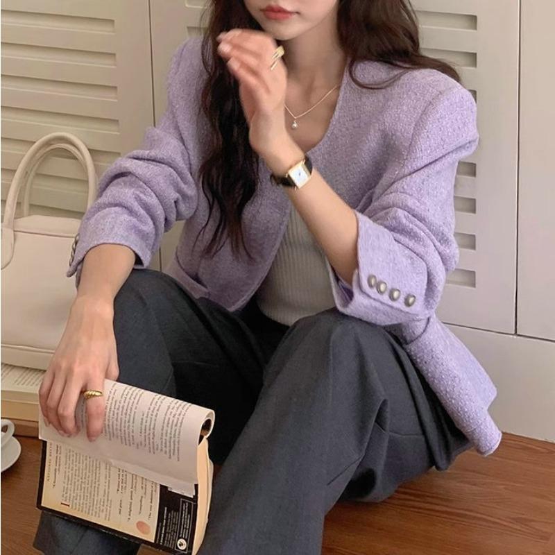 Французский фиолетовый маленький ароматный жакет женский осенний новый ретро высокого класса с длинными рукавами свободный абрикосовый топ