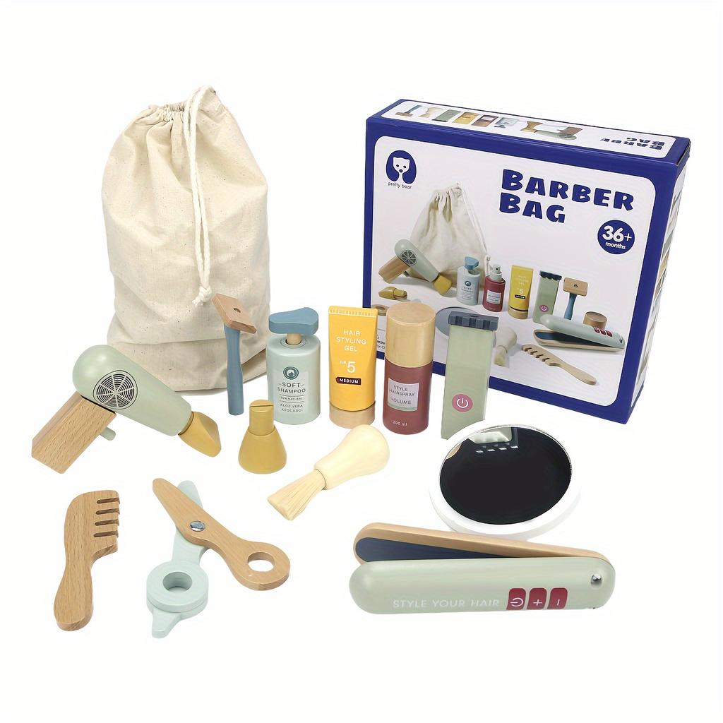 13 шт. Деревянный парикмахерский набор Набор игрушек для парикмахерской для молодежи, Деревянный набор игрушек для макияжа, Игрушка для индивидуальной прически, Набор для бритья для мальчика