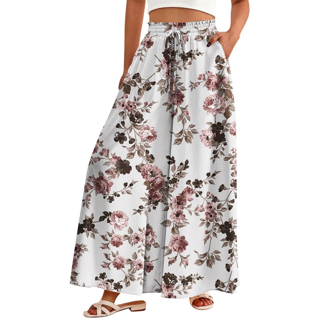 Women's Palazzo Pants Boho Floral Wide Leg Trousers Summer Beach High Waisted Flowy Pants With Pockets