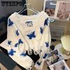 Butterfly Printed Short Sweater Sweet Women's Knitted Pullover Short Top Irregular Tassel Hem Collar Design Wide Truffle Shoulder Thin Sweater