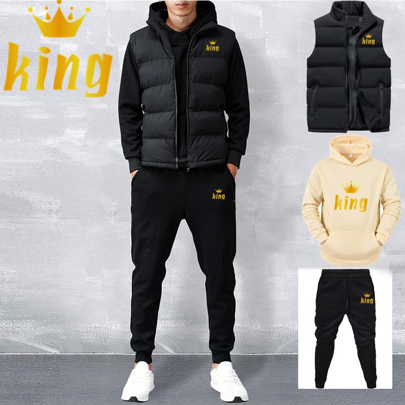 Men Spring Winter Fleece Hoddies Set Casual Sets Vest + Hoodies + Pants 3 Piece Set Male Tracksuit Sportswear Set