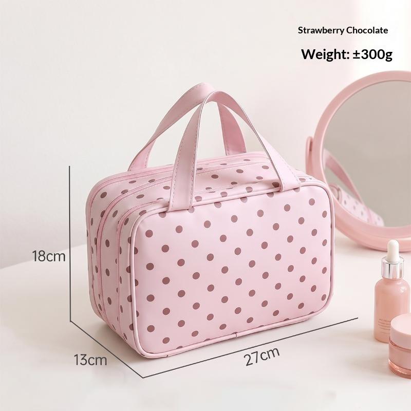 Polka Dot Cosmetic Bag Large Capacity Pu Waterproof Travel Toiletry Organizer Three-Layer Partition Travel Storage Bag