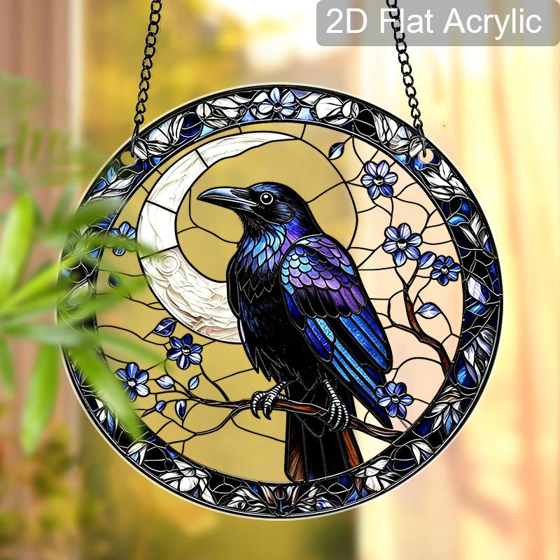 2D Flat Acrylic Halloween Crow Suncatcher Decorative Hanging Ornament, 7.87/11.81inches Black Window Hanging Pendant, Nature Bird Lovers Housewarming